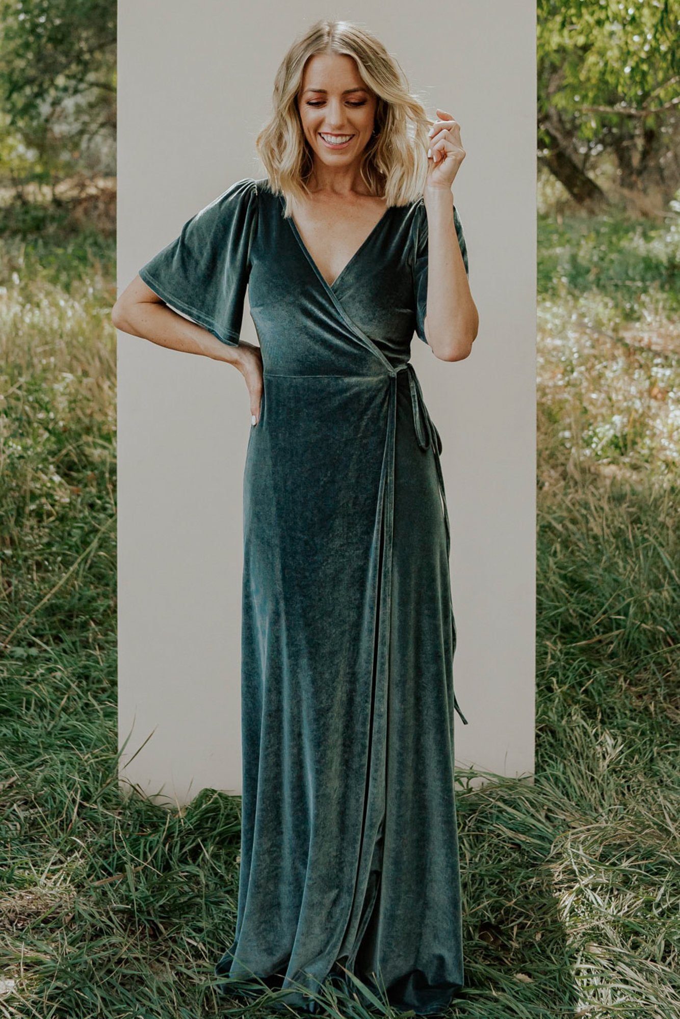 Meghan Velvet Wrap Maxi Dress | Eucalyptus | Baltic Born